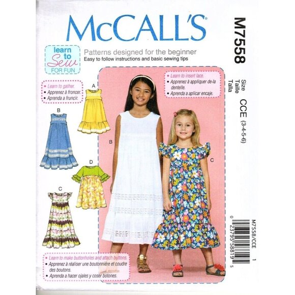 McCall's M7558 Toddler Girls 3 to 6 Learn to Sew Dress Uncut Sewing Pattern - Picture 1 of 2